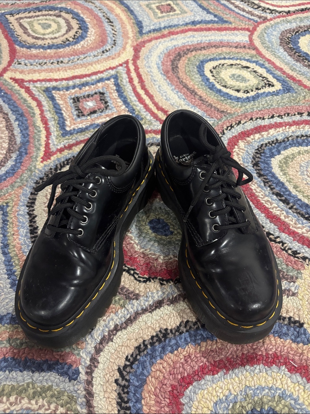 Dr. Martens Black Leather Platform Oxford with Yellow Stitching